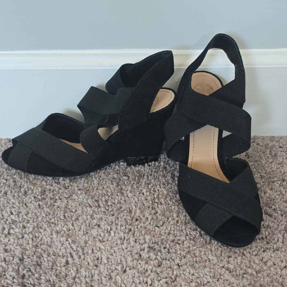 Tory Burch black suede strappy wedge heel shoes-8.5